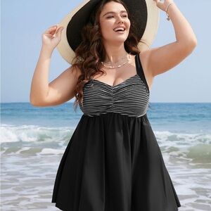 Black Striped Women's Swim Dress